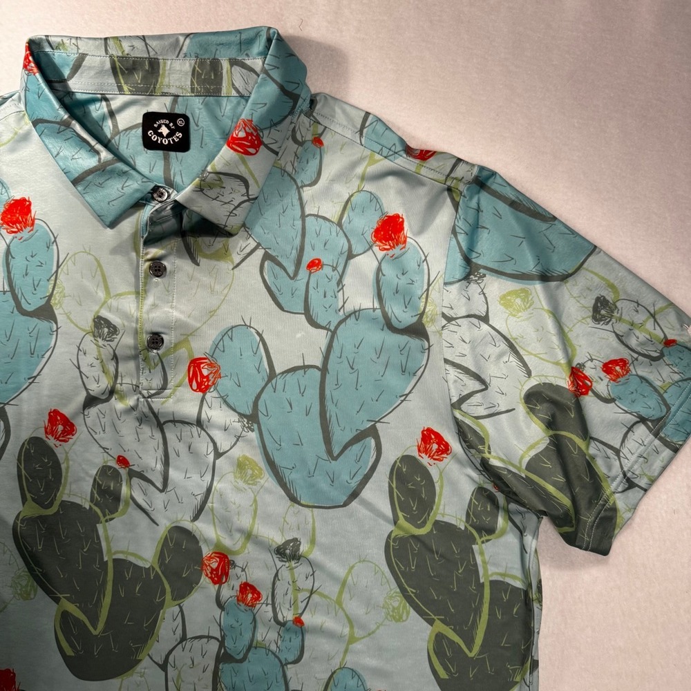 Raised by Coyotes Shirt Mens XL Green Cactus Graphic Golf Polo Southwest - Picture 3 of 10